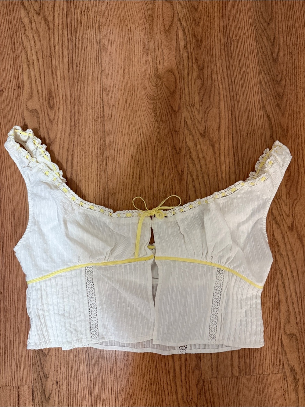 White Crop Top with Yellow Trim and Lace Accents